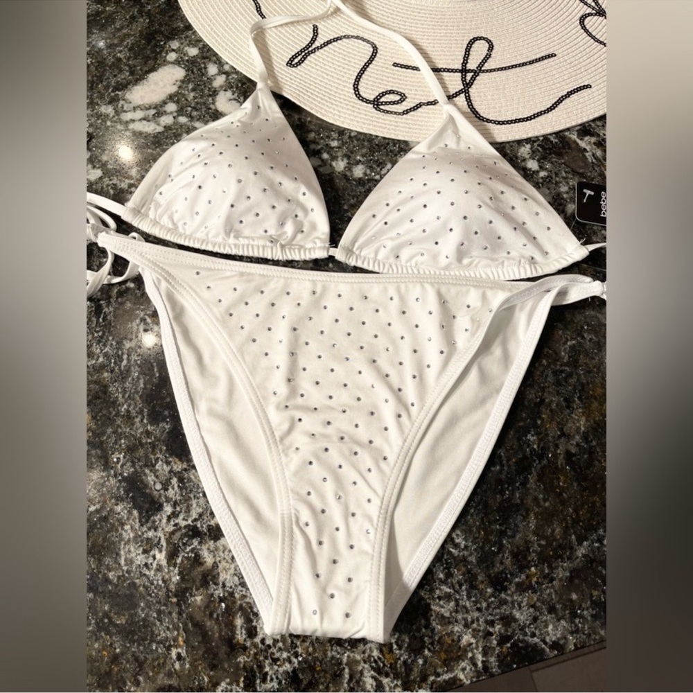NWT Bebe bridal bikini size L set embellished with rhinestones